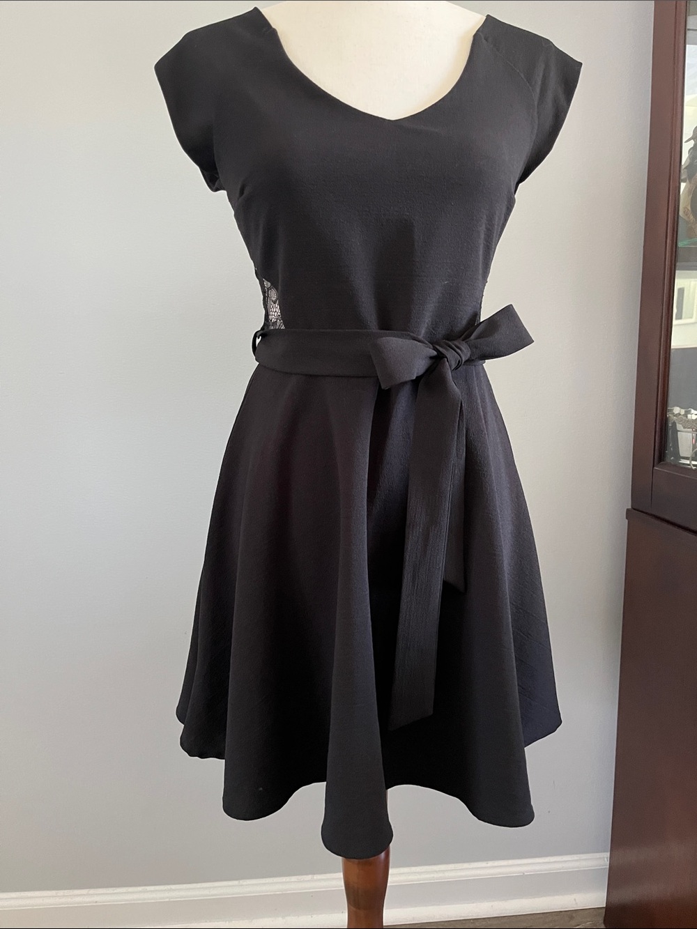 Monteau Black Cap-Sleeve Lace Fit & Flare Dress with Waist Tie